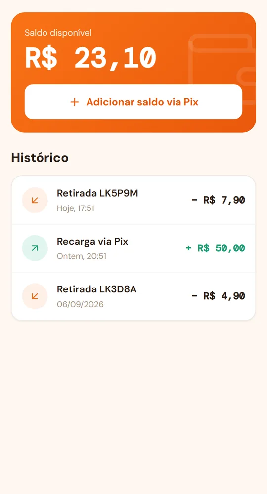 Tela da carteira do app, com o saldo e o botão de adicionar saldo via Pix