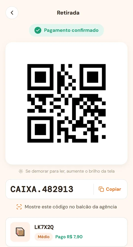 Tela do app com o QR Code e a palavra-chave de retirada
